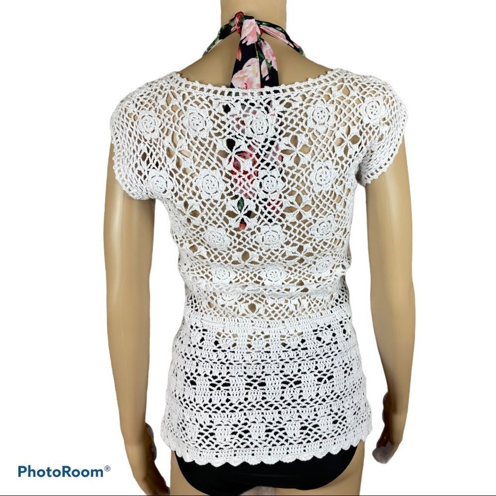CROCHET floral white bathing swim suit cover up - Picture 3 of 4